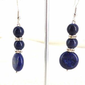 Drop Earrings Indigo Blue Stones & Crystals 2 1/8" Flat Disks 925 NWOT M538